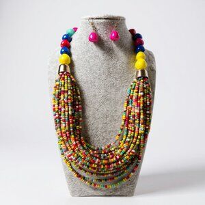 Multi Layers Multi Color Glass Small  Bead Facted Lucite Bead Chunky NecklcaeSet